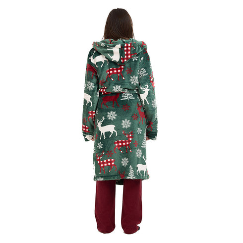 Snuggs Blanket Robe Green Deer Christmas